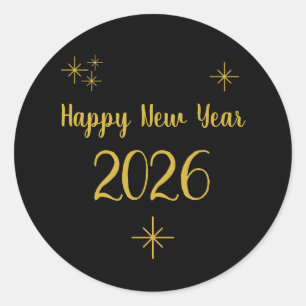 Happy New Year 2025 Black Gold Elegant Typography Classic Round Sticker