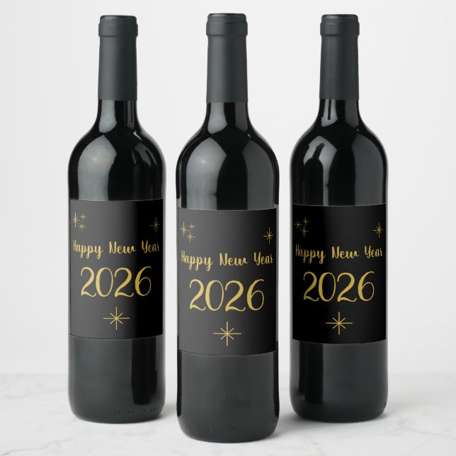 Happy New Year 2025 Black Gold Elegant Wine Label (Bottles)