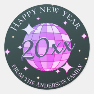 Happy new year 2025 black purple pink classic round sticker