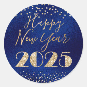 Happy New Year 2025 Blue and Gold Glitter Diamonds Classic Round Sticker