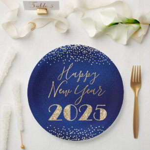Happy New Year 2025 Blue and Gold Glitter Diamonds Paper Plate