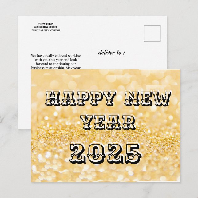 Happy New Year 2025 Chic Custom Gold Business Holiday Postcard (Front/Back)