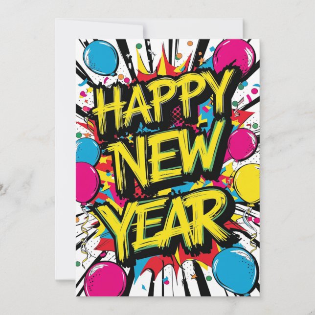 Happy New Year 2025 Colourful Bursting Pop Art  Holiday Card (Front)