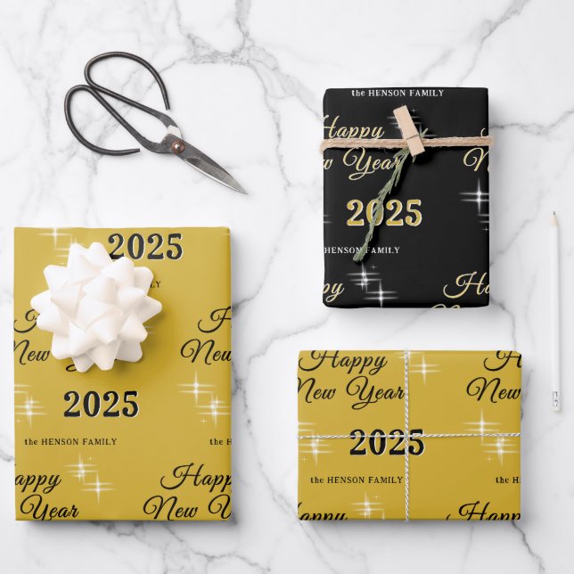 Happy New Year 2025 Elegant Sparkles Wrapping Paper Sheet (Front)