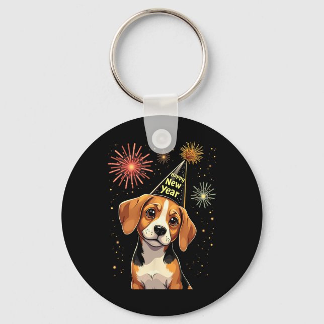 Happy New Year 2025 Eve Firework Dog Funny Beagle  Key Ring (Front)