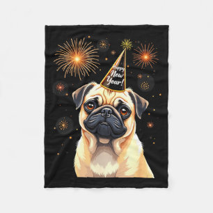 Happy New Year 2025 Eve Firework Dog Funny Pug Dog Fleece Blanket