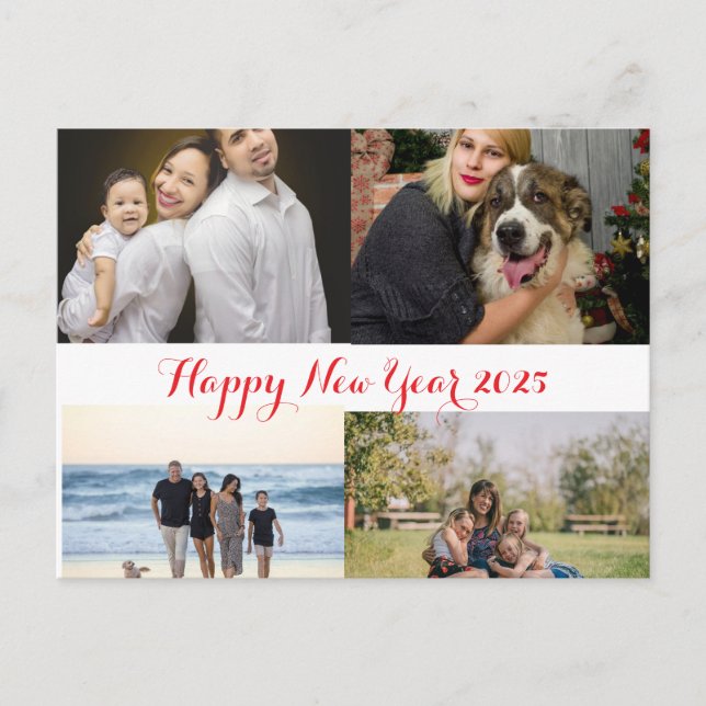 Happy New Year 2025 Family 4 Photo Collage  Holiday Postcard (Front)