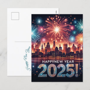 Happy New Year 2025 Fireworks Cityscape Holiday Postcard