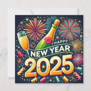 Happy New Year 2025 Fireworks People Cheers Holiday Card
