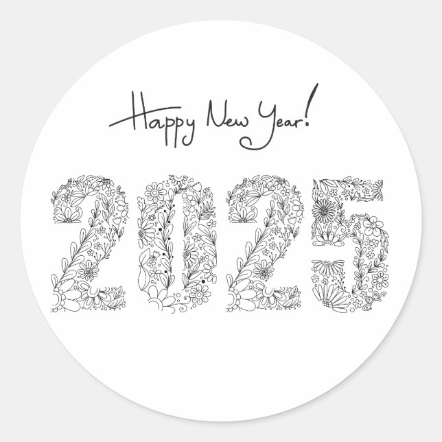 Happy New Year 2025 Floral Classic Round Sticker (Front)