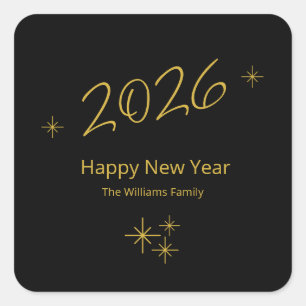 Happy New Year 2025 Gold Black Glam Snowflakes Square Sticker