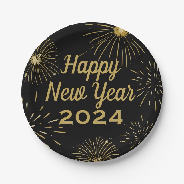 Happy New Year 2025 Party Black Gold Paper Plate (Front)