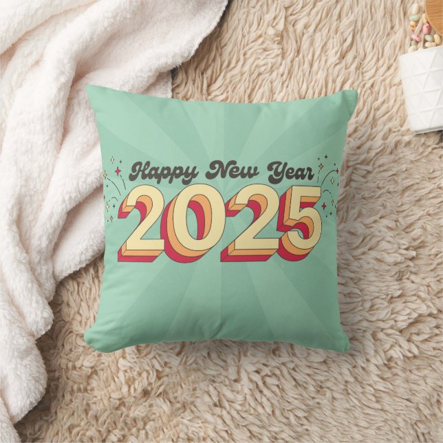 Happy new year 2025 retro cartoon stars 3d text cushion (Blanket)
