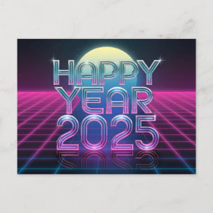 Happy New Year 2025 Retro-Futuristic Holiday Postcard