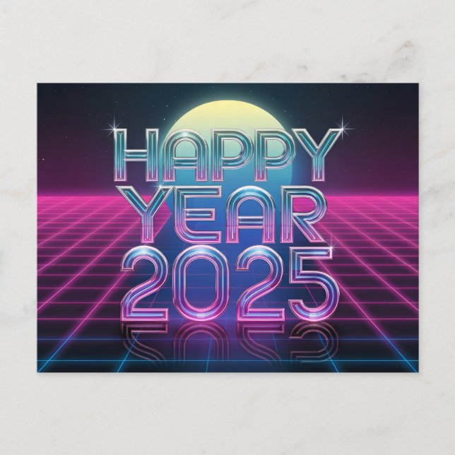 Happy New Year 2025 Retro-Futuristic Holiday Postcard (Front)