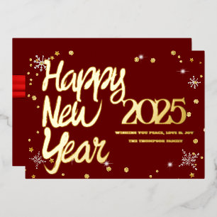 Happy New Year 2025 Retro Red Ribbon Foil Holiday Card