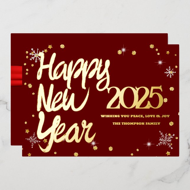 Happy New Year 2025 Retro Red Ribbon Foil Holiday Card (Front/Back)
