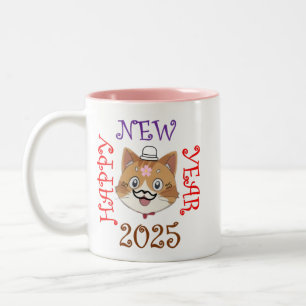 Happy New Year 2025 with a Joyful Cat Two-Tone Coffee Mug