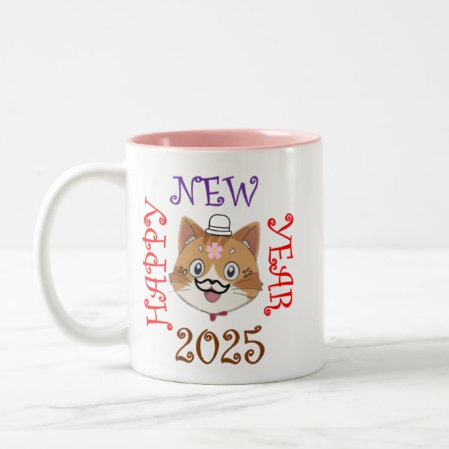 Happy New Year 2025 with a Joyful Cat Two-Tone Coffee Mug (Left)