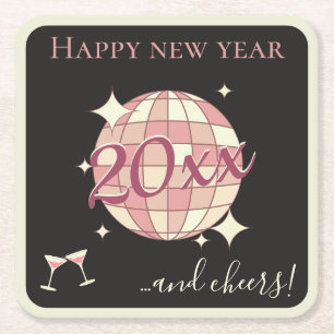 Happy new year 2025 years eve black disco ball square paper coaster