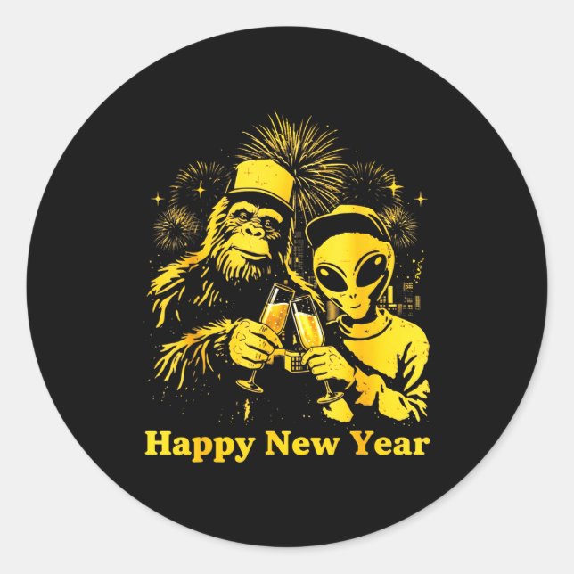 Happy New Year 2026 Bigfoot Alien Lovers New Years Classic Round Sticker (Front)