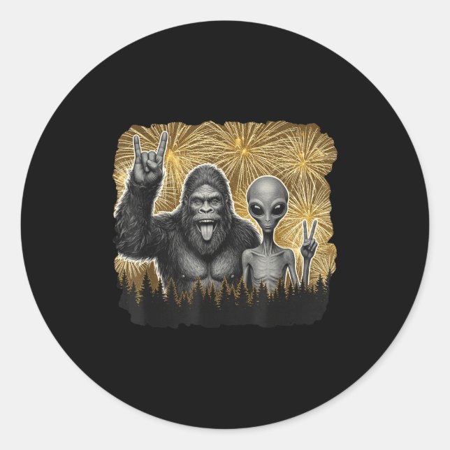 Happy New Year 2026 Bigfoot Alien Lovers New Years Classic Round Sticker (Front)