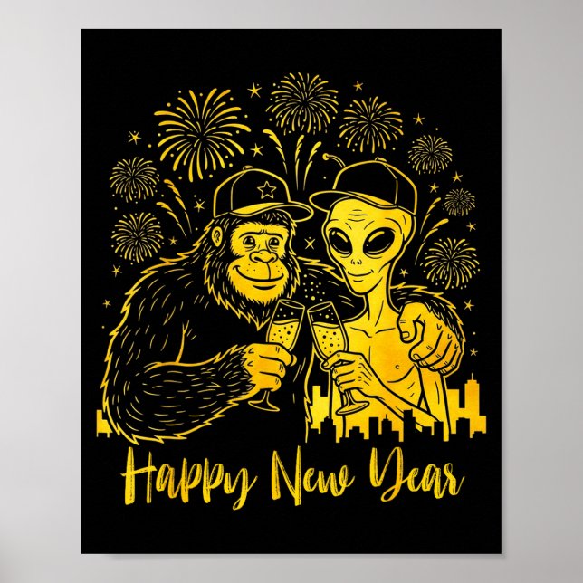 Happy New Year 2026 Bigfoot Alien Lovers New Years Poster (Front)