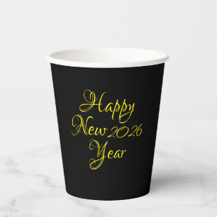 Happy New Year 2026 Black and Yellow Script  Paper Cups