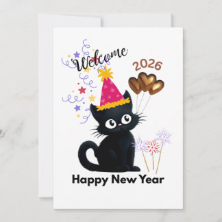 Happy New Year 2026 Black Cat Card 