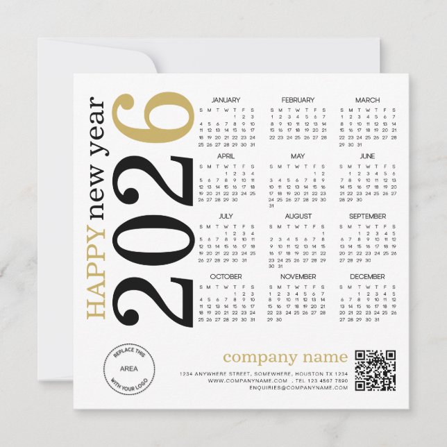 Happy New Year 2026 Calendar Logo QR Black Gold Holiday Card (Front)