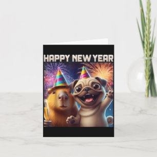 Happy New Year 2026 Capybara Pug Party Art  Card