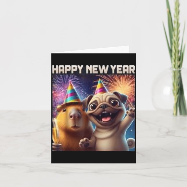 Happy New Year 2026 Capybara Pug Party Art  Card (Front)