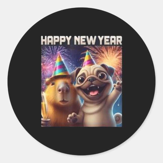 Happy New Year 2026 Capybara Pug Party Art  Classic Round Sticker (Front)
