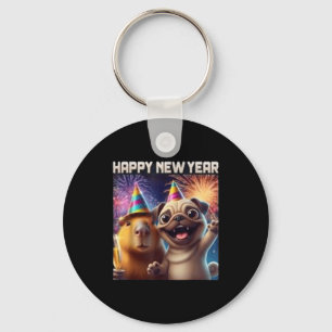 Happy New Year 2026 Capybara Pug Party Art  Key Ring