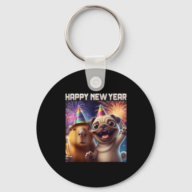 Happy New Year 2026 Capybara Pug Party Art  Key Ring (Front)