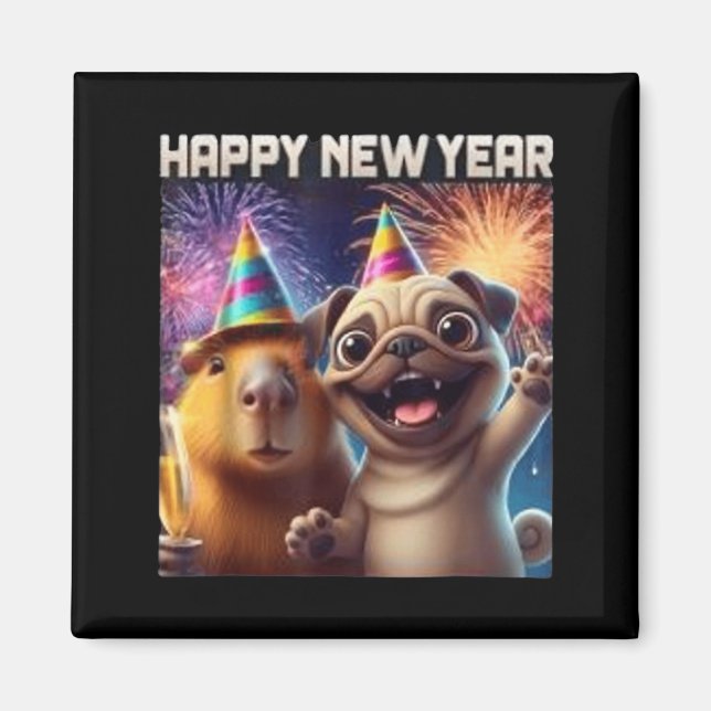 Happy New Year 2026 Capybara Pug Party Art  Magnet (Front)