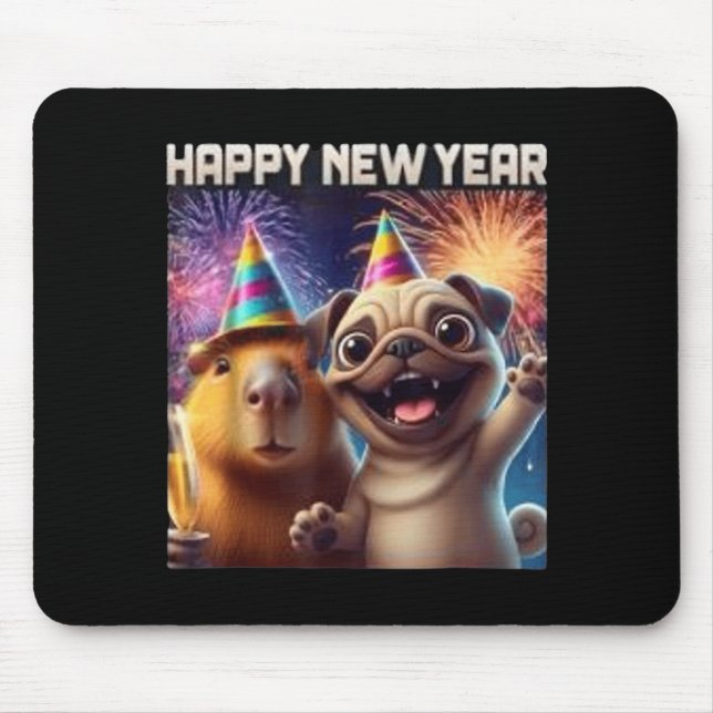 Happy New Year 2026 Capybara Pug Party Art  Mouse Mat (Front)