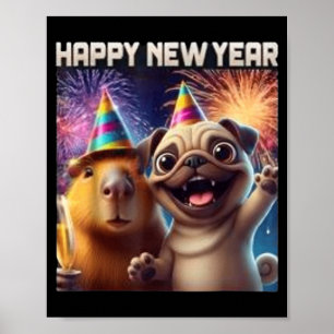 Happy New Year 2026 Capybara Pug Party Art  Poster