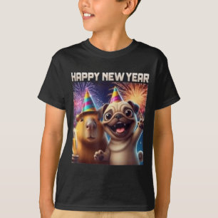 Happy New Year 2026 Capybara Pug Party Art T-Shirt