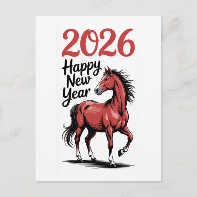 Happy New Year 2026 Card Red Horse Illustration (Front)