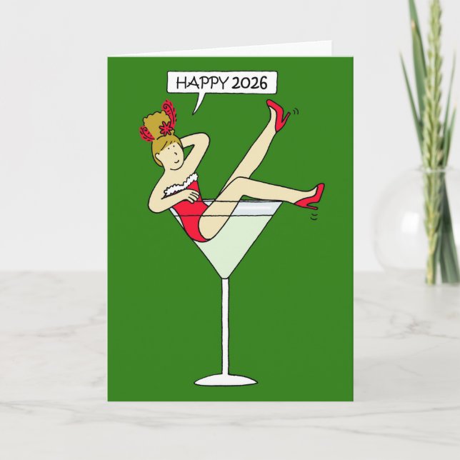 Happy New Year 2026 Cartoon Lady  Card (Front)