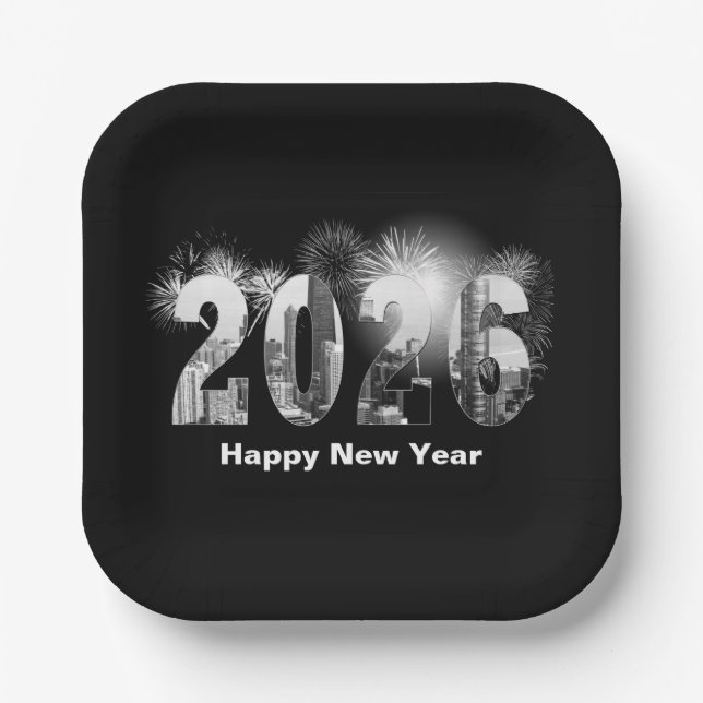 Happy New Year 2026 Chicago Skyline Paper Plate (Front)