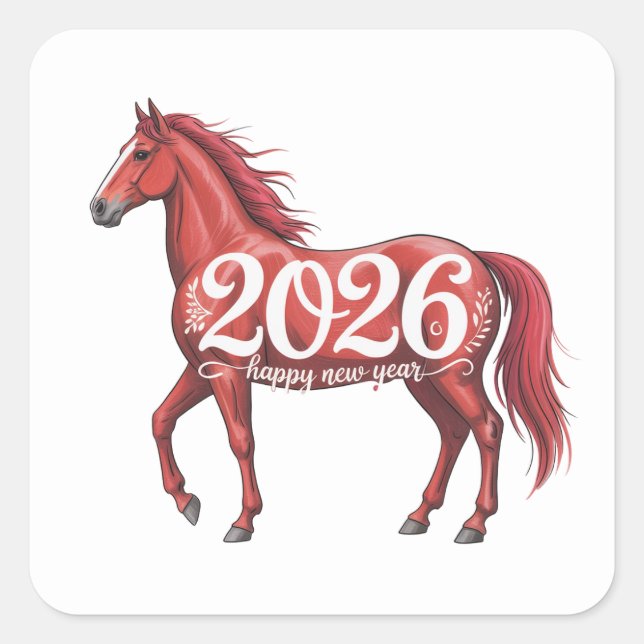 Happy New Year 2026 Chinese Red Horse  Square Sticker (Front)