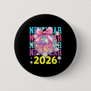Happy New Year 2026 Coquette Bow &amp; Disco Ball  6 Cm Round Badge