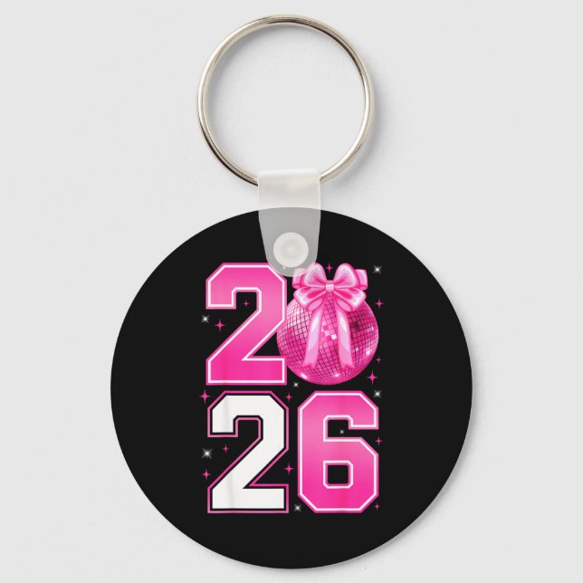 Happy New Year 2026 Coquette Bow &amp; Disco Ball  Key Ring (Front)