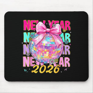 Happy New Year 2026 Coquette Bow & Disco Ball Mouse Mat