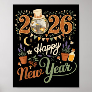 Happy New Year 2026 Cottagecore Disco Mushroom Nat Poster