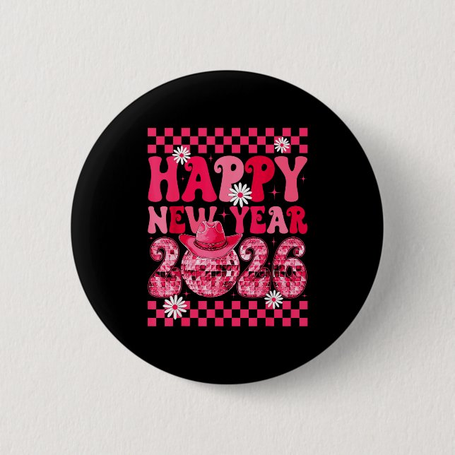 Happy New Year 2026 Cowgirl Cowboy Disco Ball Girl 6 Cm Round Badge (Front)
