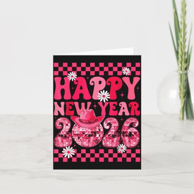 Happy New Year 2026 Cowgirl Cowboy Disco Ball Girl Card (Front)