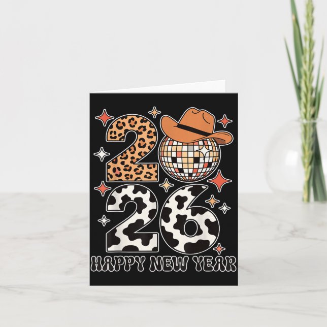 Happy New Year 2026 Cowgirl Disco Ball Western Leo Card (Front)